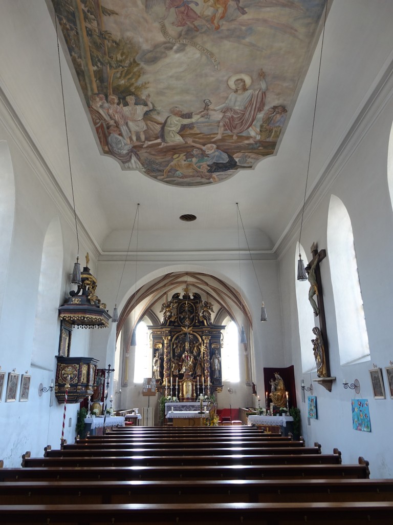 Ampermoching, Innenraum der St. Peter Kirche, Kanzel von 1670 (19.04.2015)