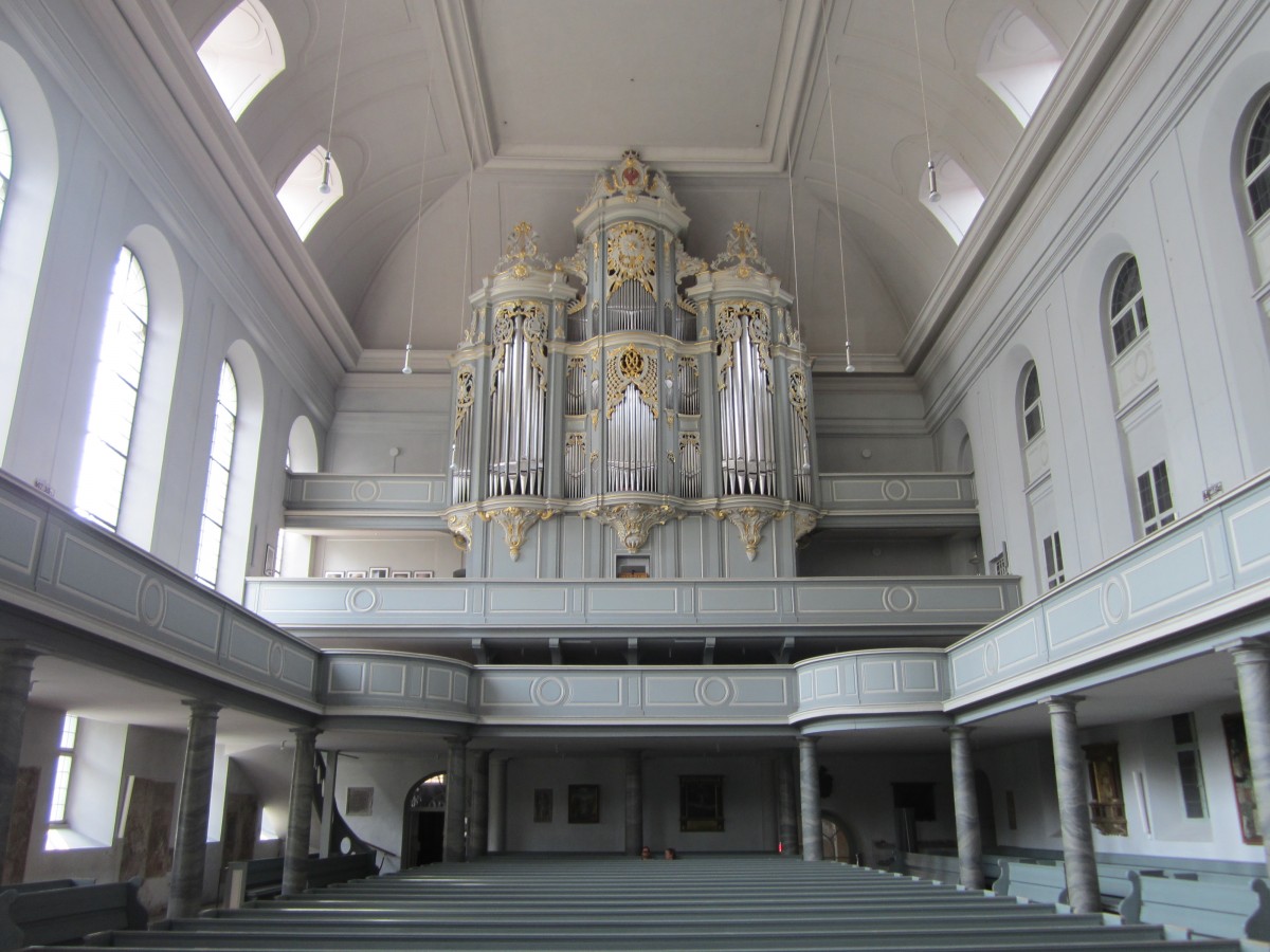 Ansbach, St. Gumbertus Kirche, erbaut von 1735 bis 1738 durch Leopold Retty, Wiegleb Orgel von 1736 (10.08.2014)
