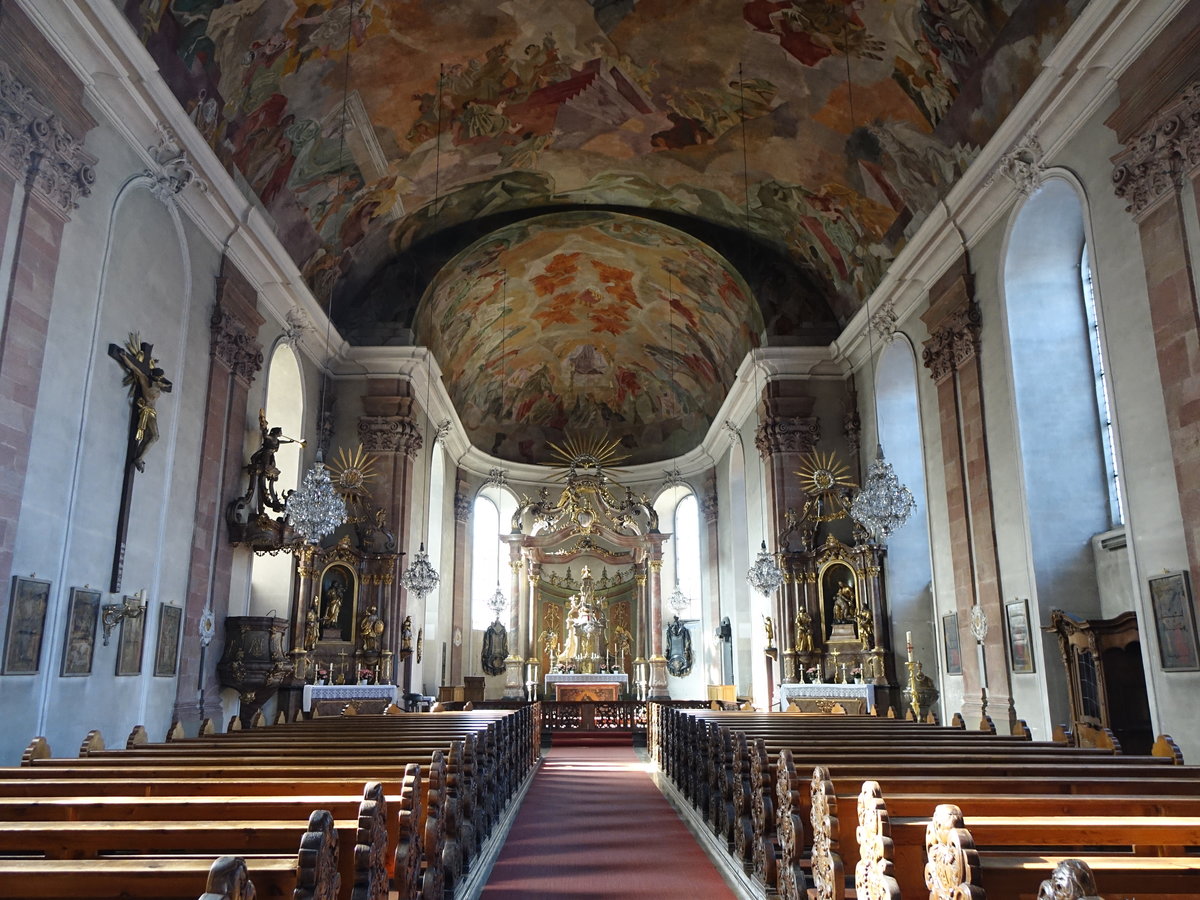 Aschaffenburg, Innenraum der Pfarrkirche zu unseren lieben Frau, Deckengemlde von Professor Hermann Kaspar, Hochaltar von 1772, Seitenaltre von 1780 (17.07.2016)