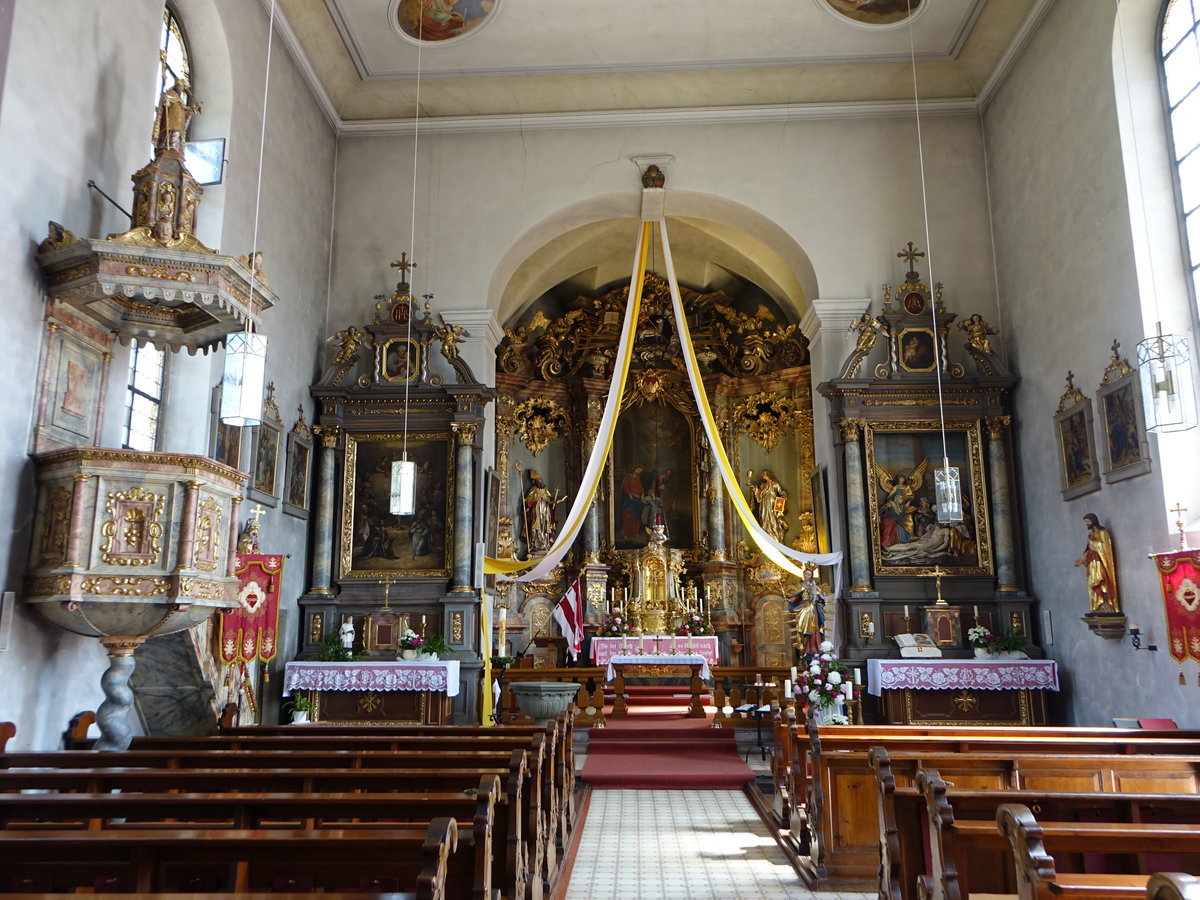 Aschfeld, Innenraum der katholischen Pfarrkirche St. Bonifatius, erbaut 1680 (26.05.2018)