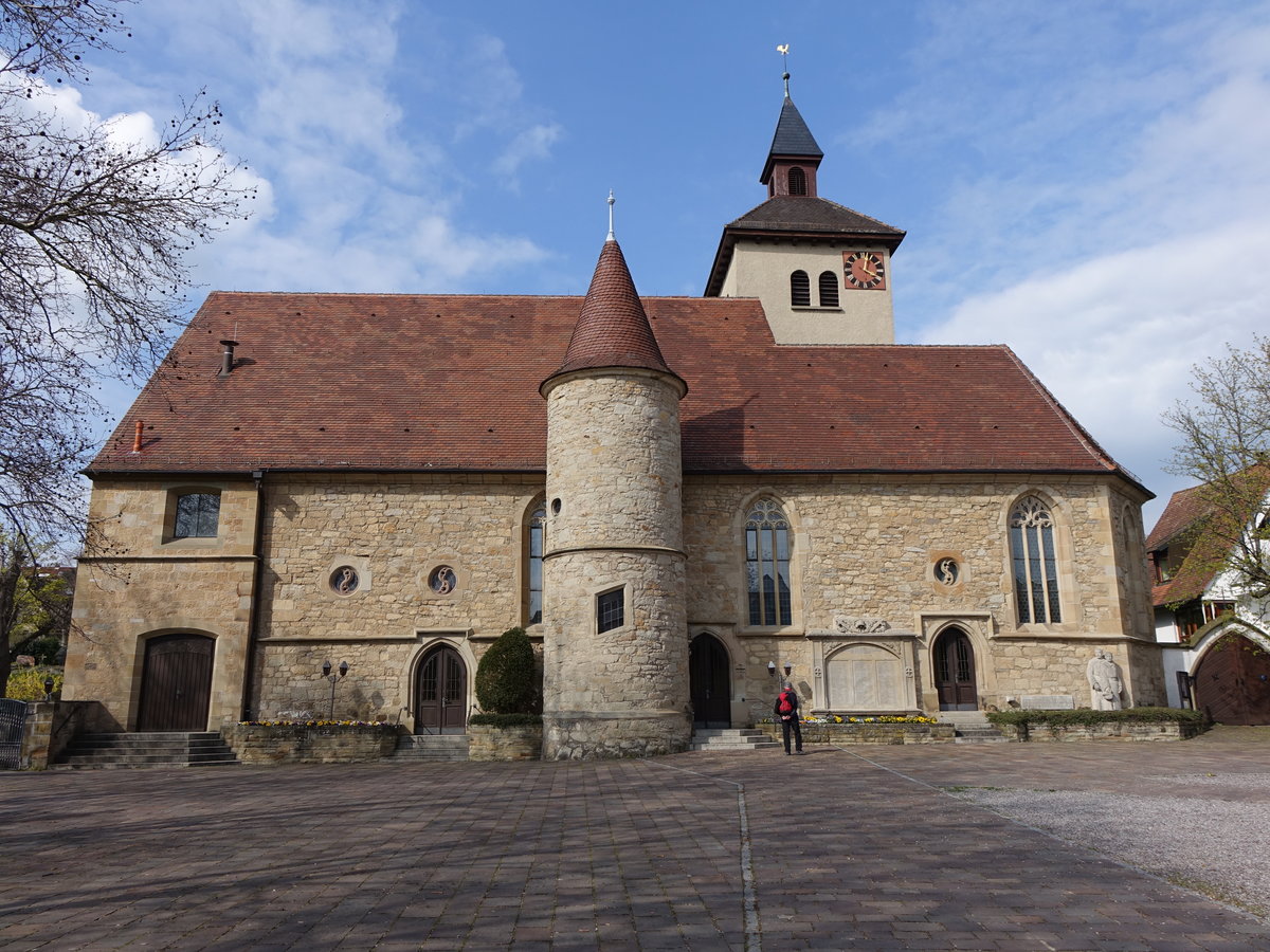 Asperg, Ev. St. Michael Kirche, Chorturmkirche, erbaut von 1556 bis 1557 (10.04.2016)