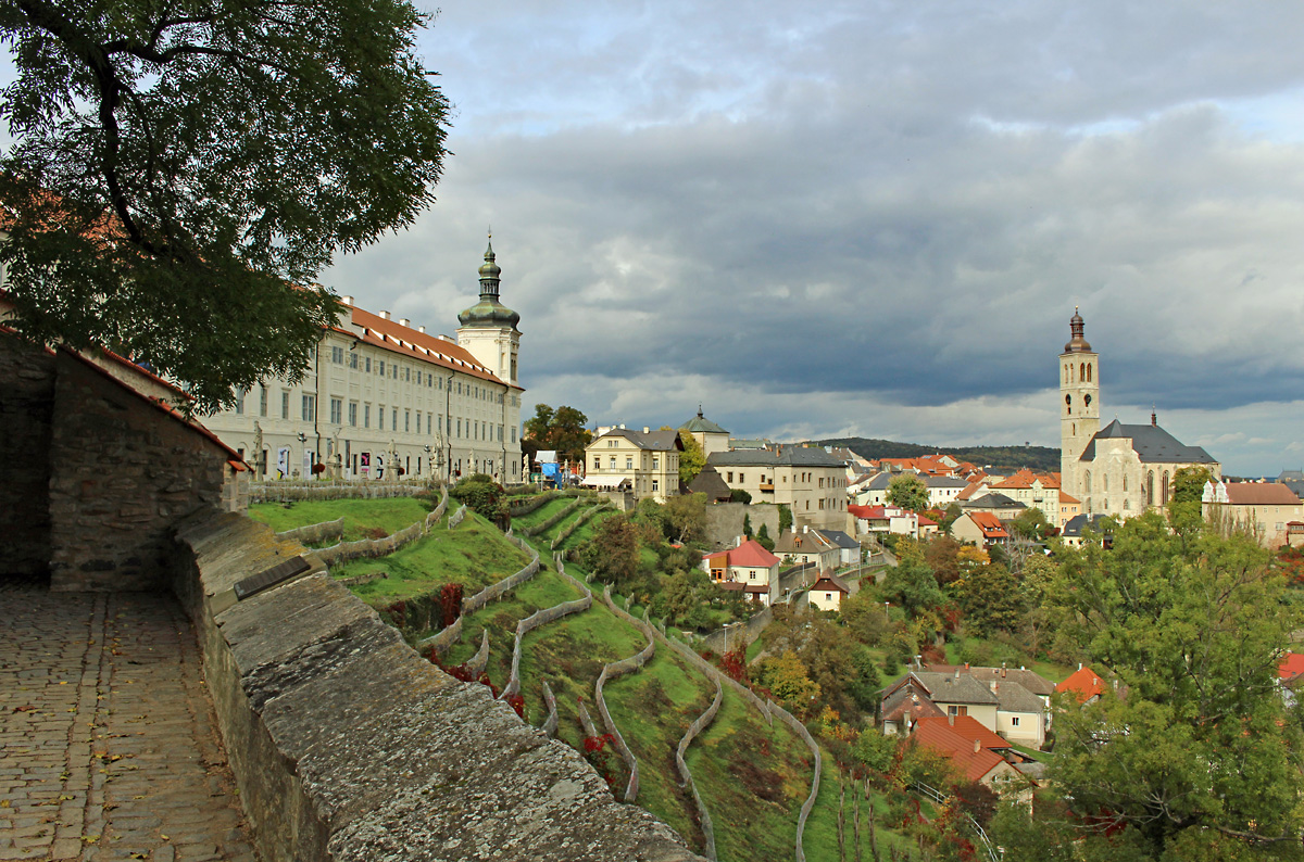 Auch vor dem Dom der heiligen Barbara hat man einen grandiosen Blick ber Kutn Hora, das ehemalige Kuttenberg. Links ist das Jesuitenkolleg, recht die Kirche des heiligen Jakob und das Erzdekanat. Interessant auch der Weinberg, die Netze schtzen die Trauben vor Vgeln. 11.10.2017 