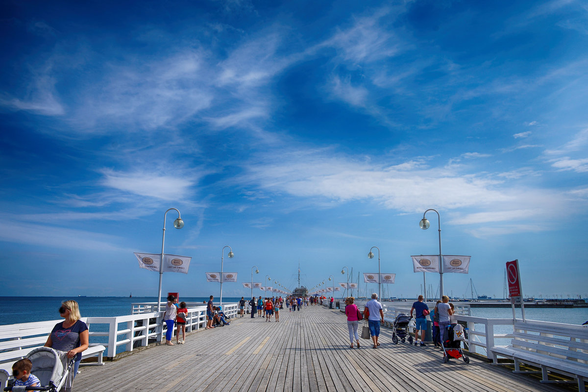 Auf dem Seesteg von Zoppot / Sopot. Im Sommer ist der Steg eine sehr populre Attraktion. ufnahme: 15. August 2019.