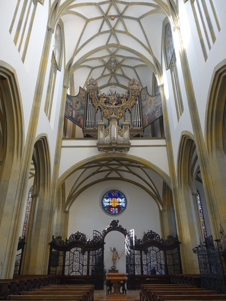 Augsburg, Orgelempore der St. Ulrich und Afra Kirche mit Ulrichsorgel von 1982, erbaut von Orgelbauer Sandtner (20.12.2015)