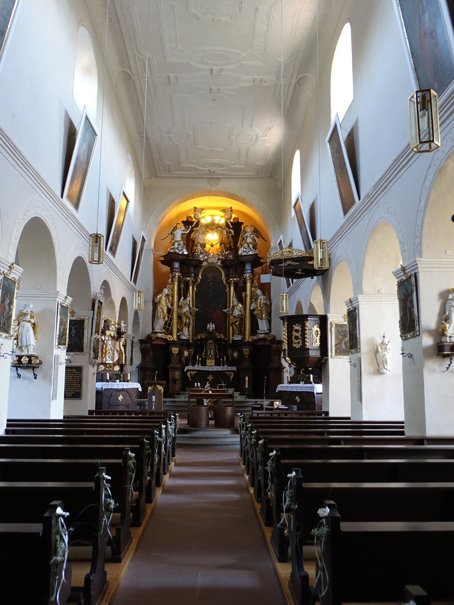 Aura a. d. Saale, Innenraum der kath. Pfarrkirche St. Laurentius, dreischiffige Pfeilerbasilika, Kirche erbaut von 1108 bis 1113, Ausstattung von 1742 (07.07.2018)