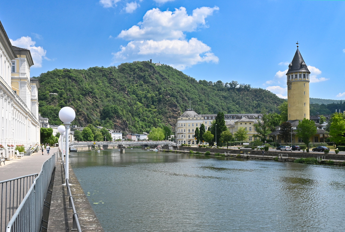 Bad Ems an der Lahn mit dem Wahrzeichen  Quellenturm . 11.06.2023