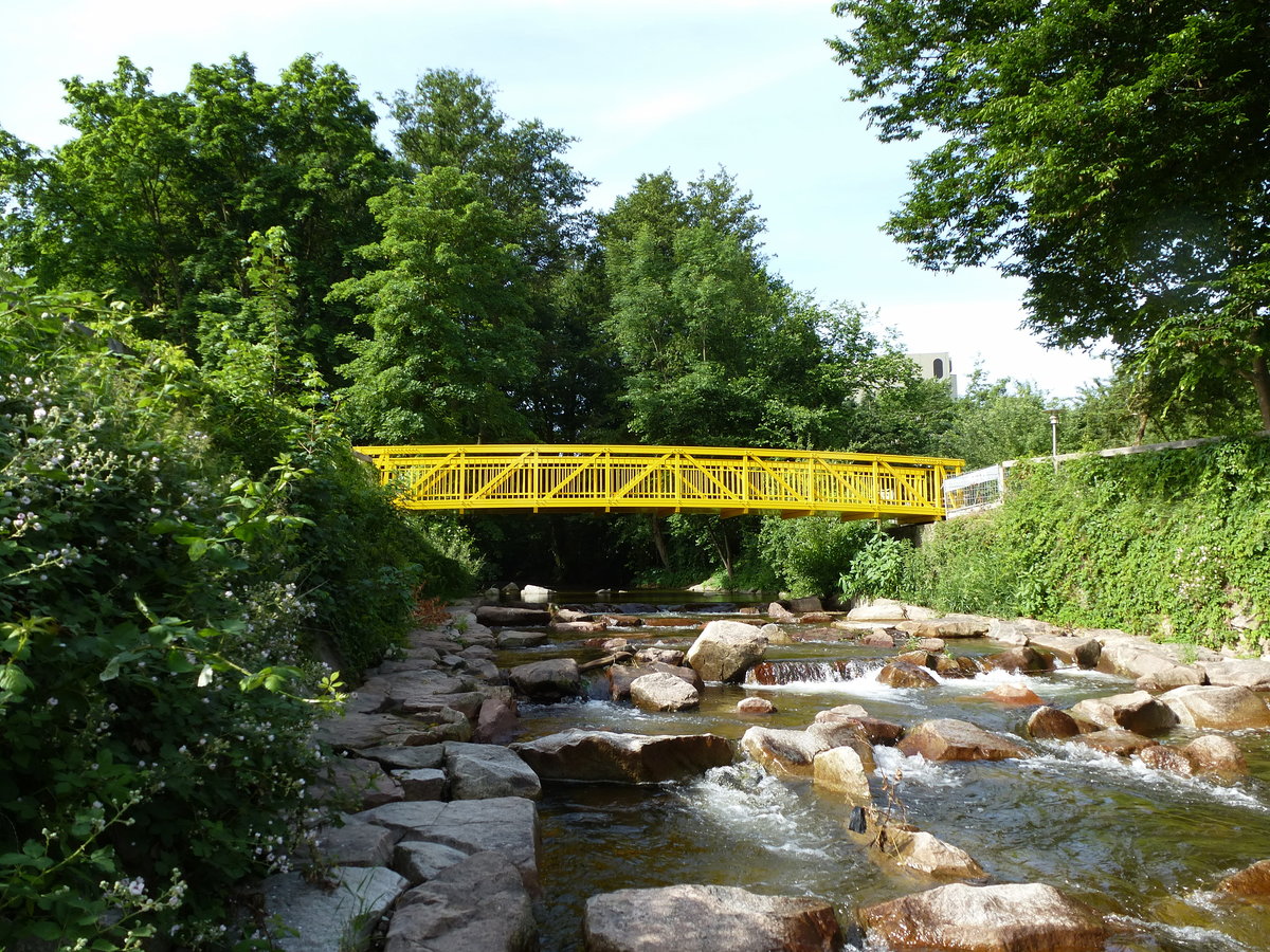 Bad Krozingen, diese Rad-und Fuwegbrcke fhrt im Kurpark ber das Flchen Neumagen, Juni 2017