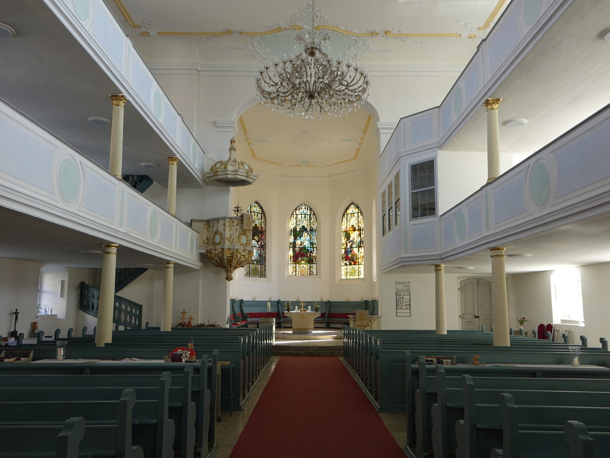 Bad Rodach, Innenraum der Evangelisch-lutherische Pfarrkirche St. Johannis, erbaut von 1755 bis 1758 durch Johann Jakob Deumler (08.04.2018)
