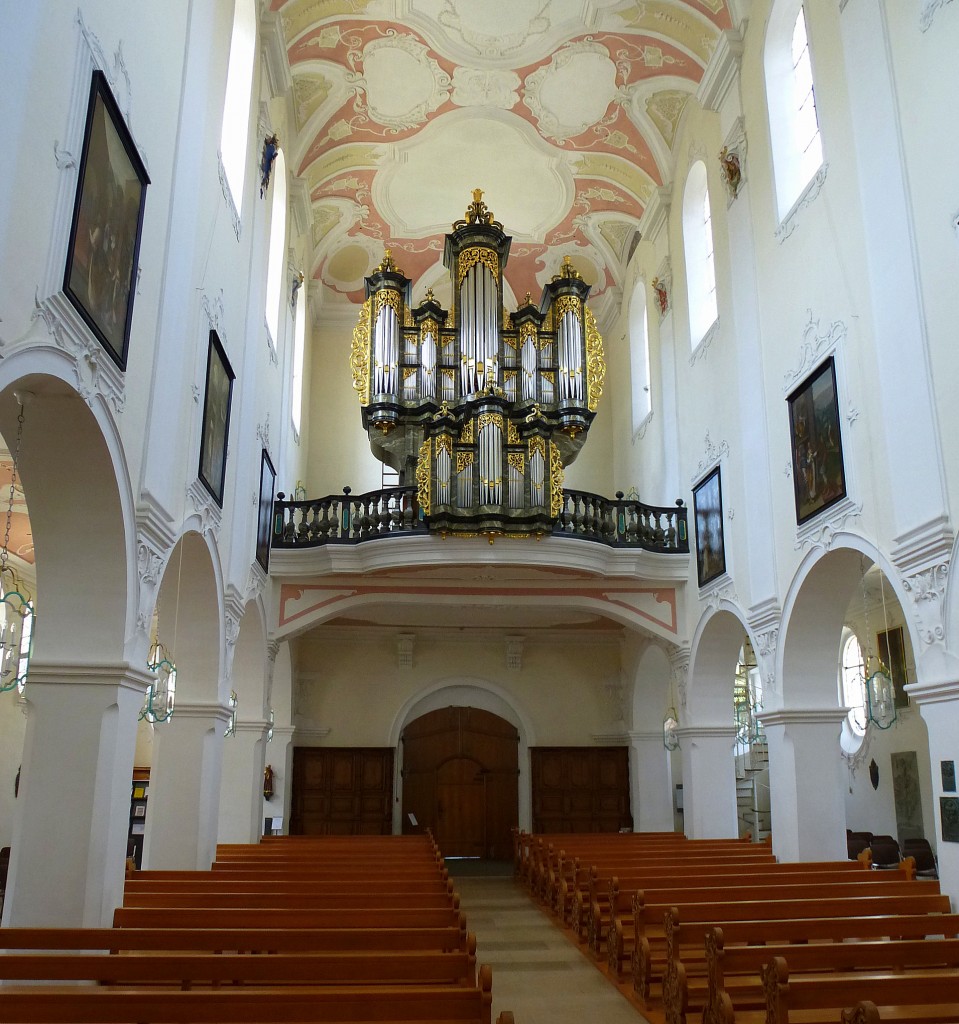 Bad Zurzach, St.Verena Mnster, Blick zur Orgelempore mit der Metzler-Orgel, Juli 2013