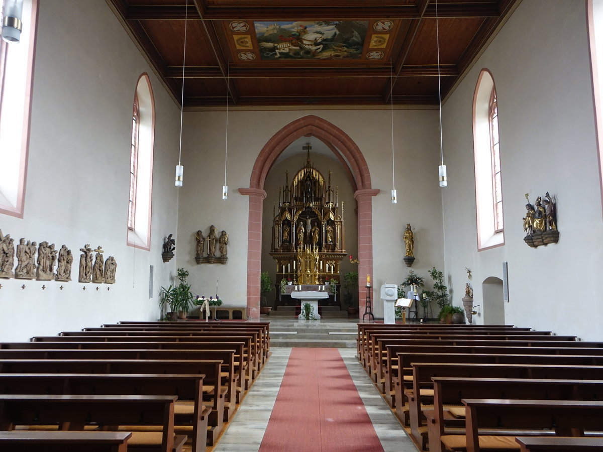 Baldersheim, kath. St. Georg Kirche, Chorturmkirche, Saalbau mit eingezogenem Chor und Chorturm mit Spitzhelm, erbaut von 1609 bis 1616 (27.11.2016)