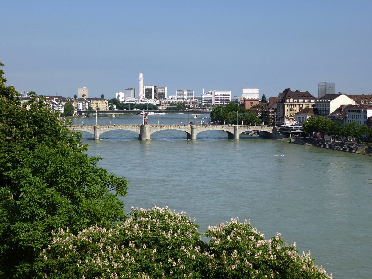Basel, Blick von der Aussichtsterrasse (Pfalz genannt) am Mnster auf den Rhein und die Mittlere Brcke, Mai 2015