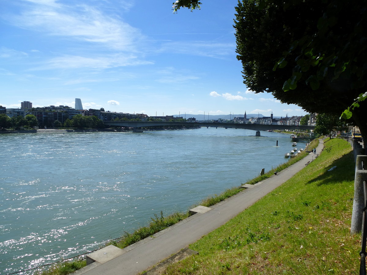 Basel, Blick vom Schiffsanleger St.Johann 1 rheinaufwrts bis zur Johanniterbrcke, Juli 2016