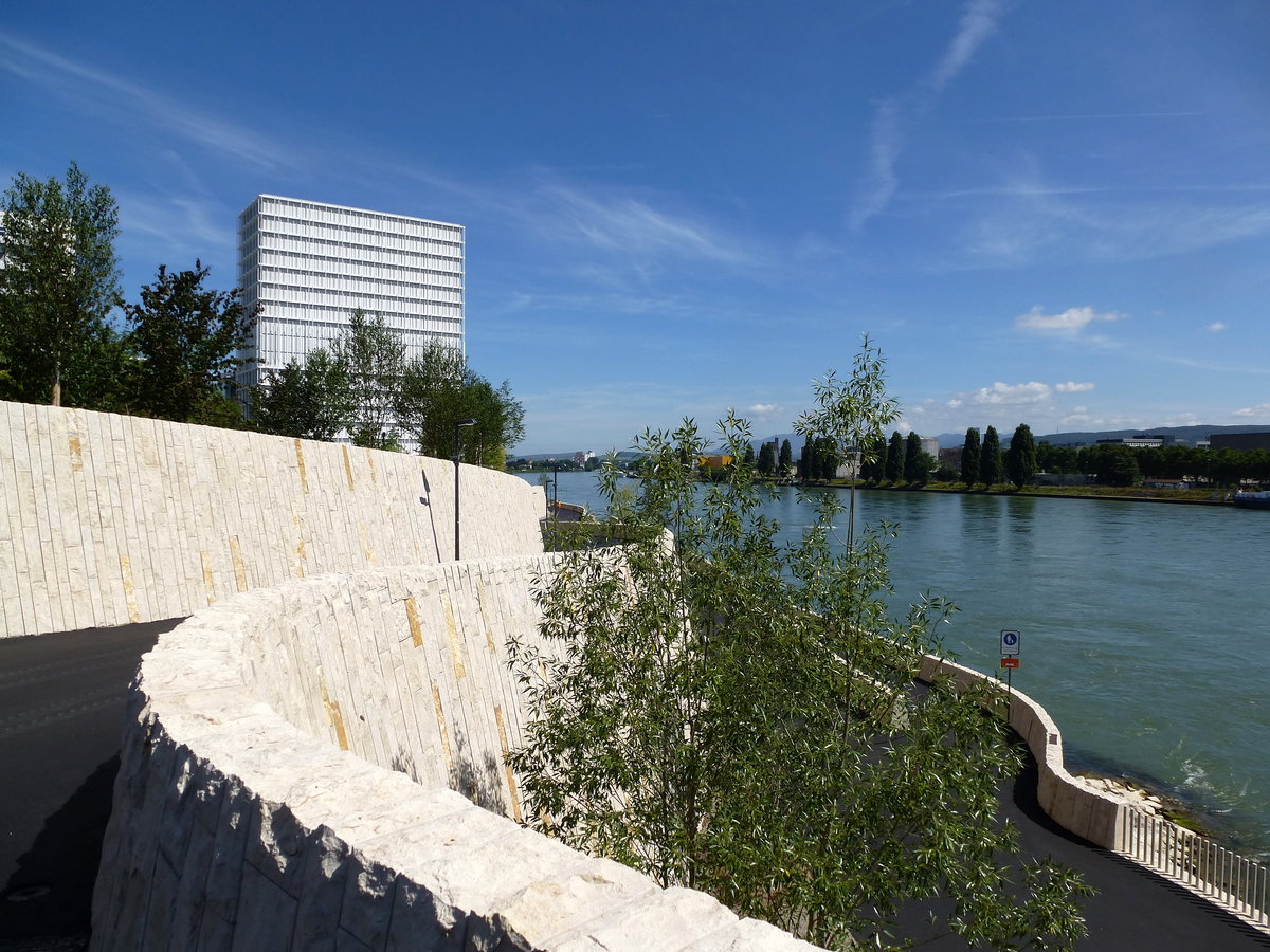 Basel, der neugebaute Rheinuferweg fhrt vorbei am Novartis-Werksgelnde und wird 2017 verlngert bis ins elsische Hningen bis zur Dreilnderbrcke, Juli 2016