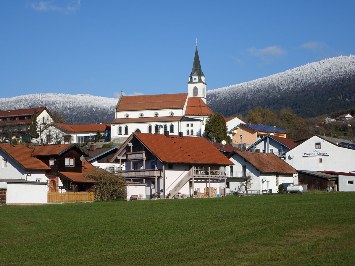 Bernried, St. Katharina Kirche, Neugotische Pfeilerbasilika mit eingezogenem sptgotischem Chor und Nordturm, erbaut 1894 (14.11.2016)