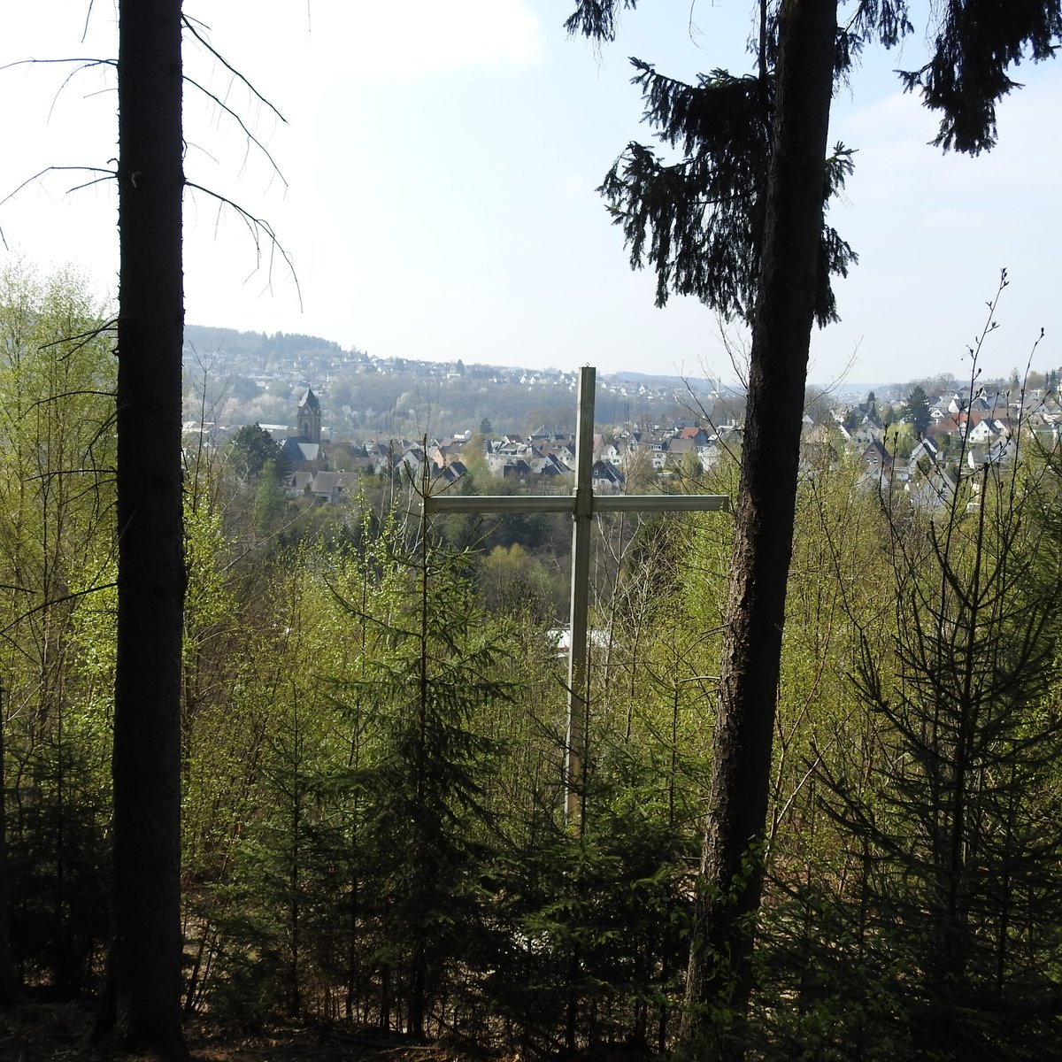 BETZDORF/SIEG-ZWISCHEN WESTERWALD UND SIEGERLAND
ber das groe Metallkreuz am Waldrand von Betzdorf-Struthof fllt der Blick auf die Stadt am Zusammenfluss von
HELLER und SIEG,ehemals bedeutende Eisenbahnstadt an der Bahnlinie KLN-SIEGEN und Drehscheibe fr die
Gterzge von den umliegenden Eisenerz-Bergwerken...-hier am 8.4.2017