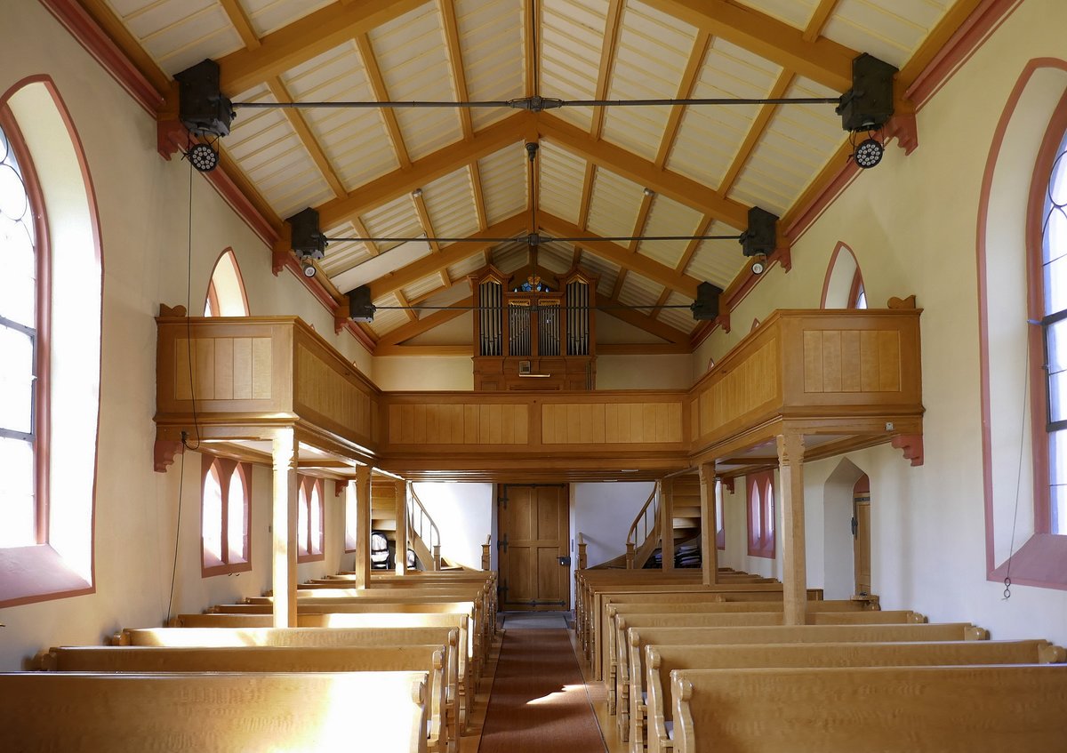 Bickensohl, Blick zur Orgelempore in der evangelischen Kirche, Mrz 2020