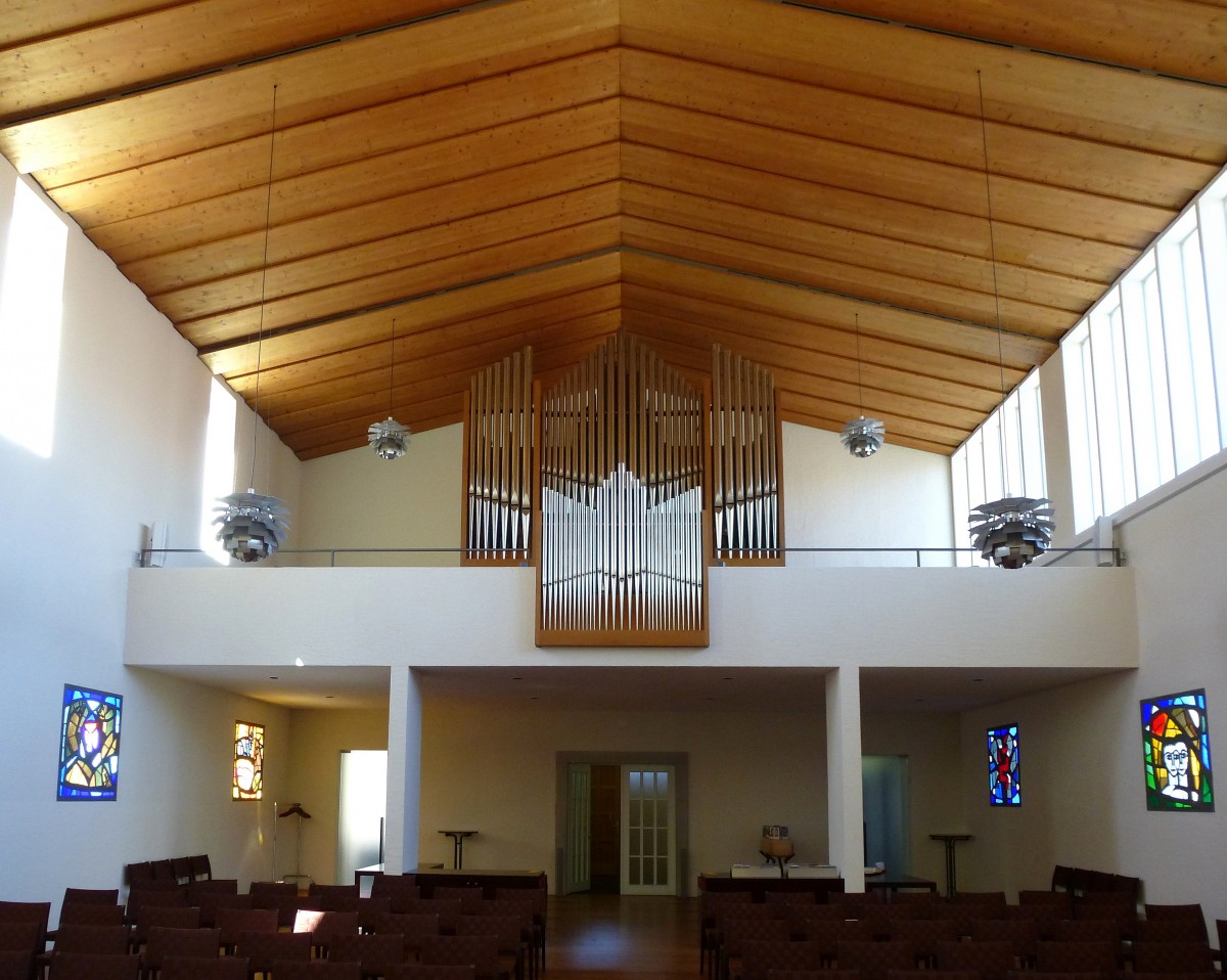Birsfelden, Blick zur Orgelempore in der evangelische-reformierten Kirche, April 2015