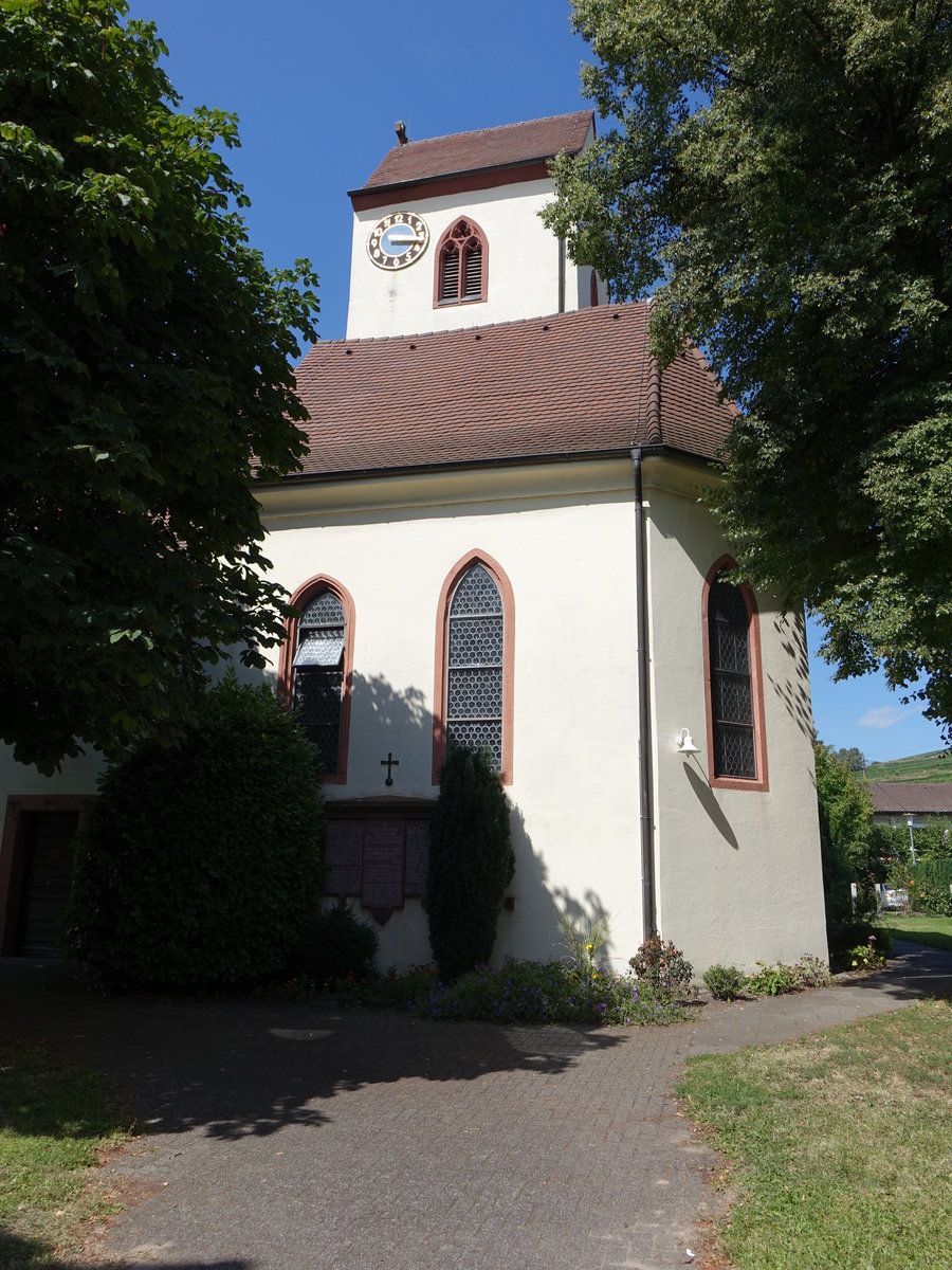 Bischoffingen, Ev. St. Laurentius Kirche, Chor und Turm gotisch, Langhaus erbaut bis 1741 durch Baumeister Anton Schrotz (14.08.2016)