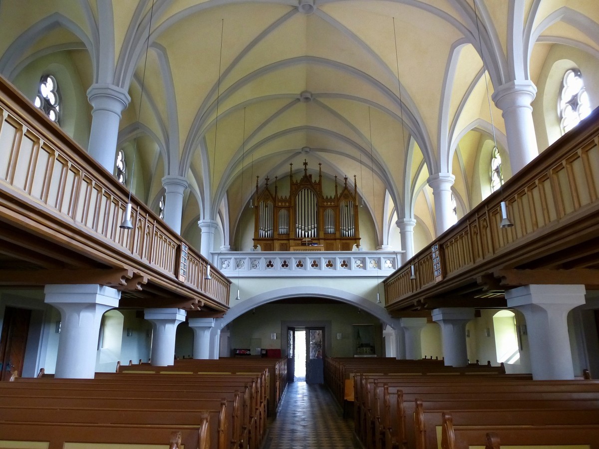 Bischofsgrn, Blick zur Orgelempore in der evangelischen Pfarrkirche, Aug.2014