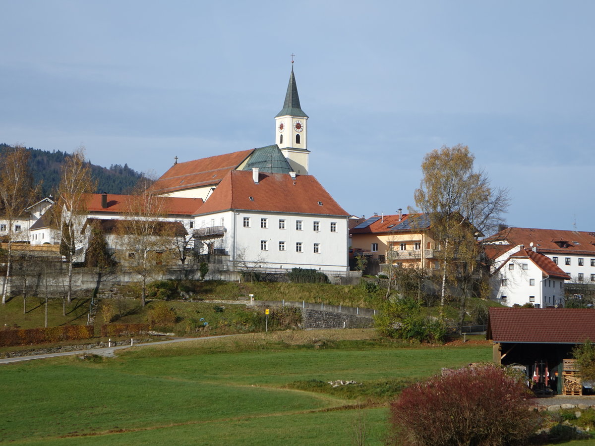 Bischofsmais, kath. Pfarrkirche St. Jakobus, Saalkirche mit Satteldach, erbaut von 1848 bis 1851 (04.11.2017)