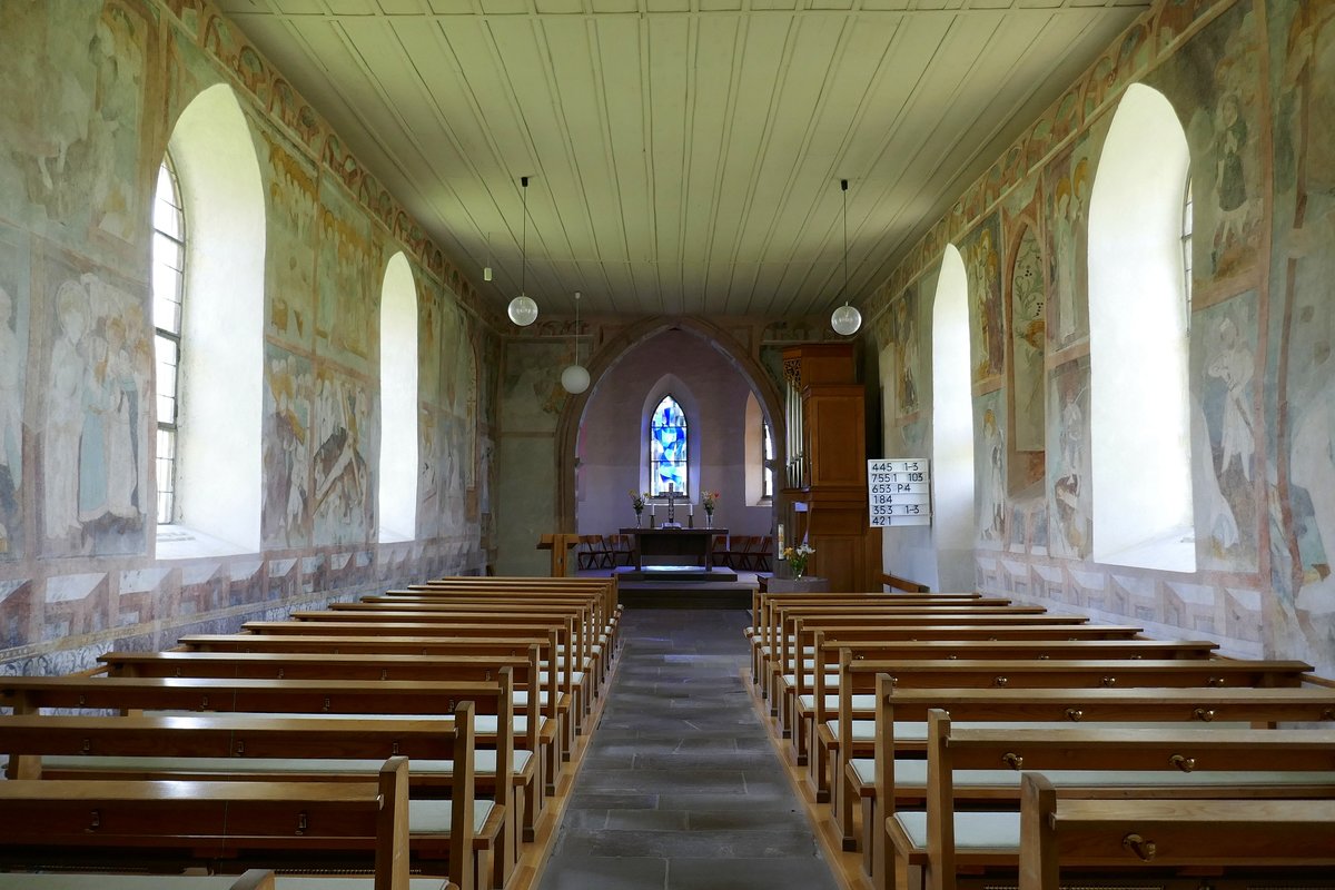 Blansingen im Markgrflerland, die Wandmalerei in der St.Peterskirche stammt aus der 2.Hlfte des 15.Jahrhunderts, 1955 freigelegt und restauriert, Juli 2019