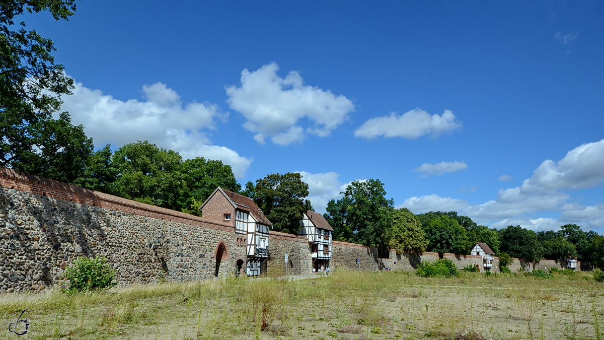 Blick auf die alte Stadtmauer mit seinen Wiekhusern in Neubrandenburg. (August 2013)