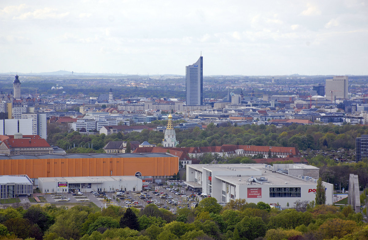 Blick auf Leipzig in nrdlicher Richtung vom Vlkerschlachtdenkmal. Aufnahme: 29. April 2017.