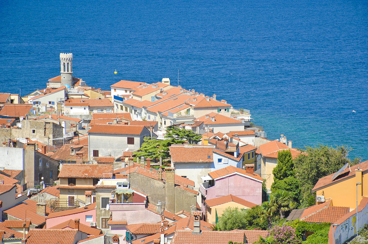 Blick auf Piran von der Stadtmauer. Aufnahme: 26. August 2016.