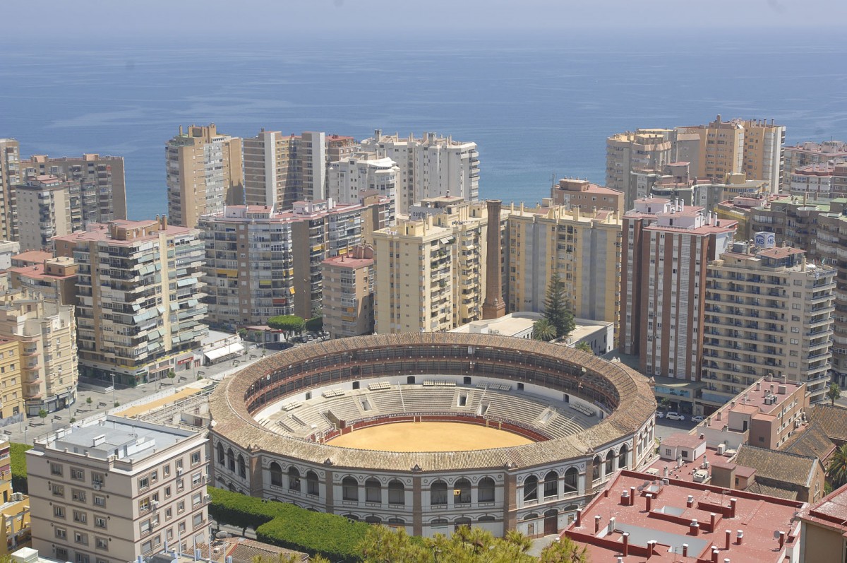 Blick auf Plaza de Toros La Malagueta in Mlaga. Aufnahme: Juli 2014.