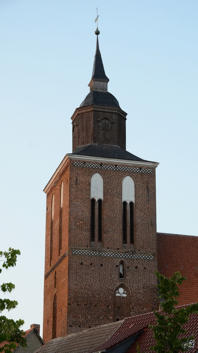 Blick auf den Turm der Pfarrkirche St. Petri in Altentreptow. (August 2013)