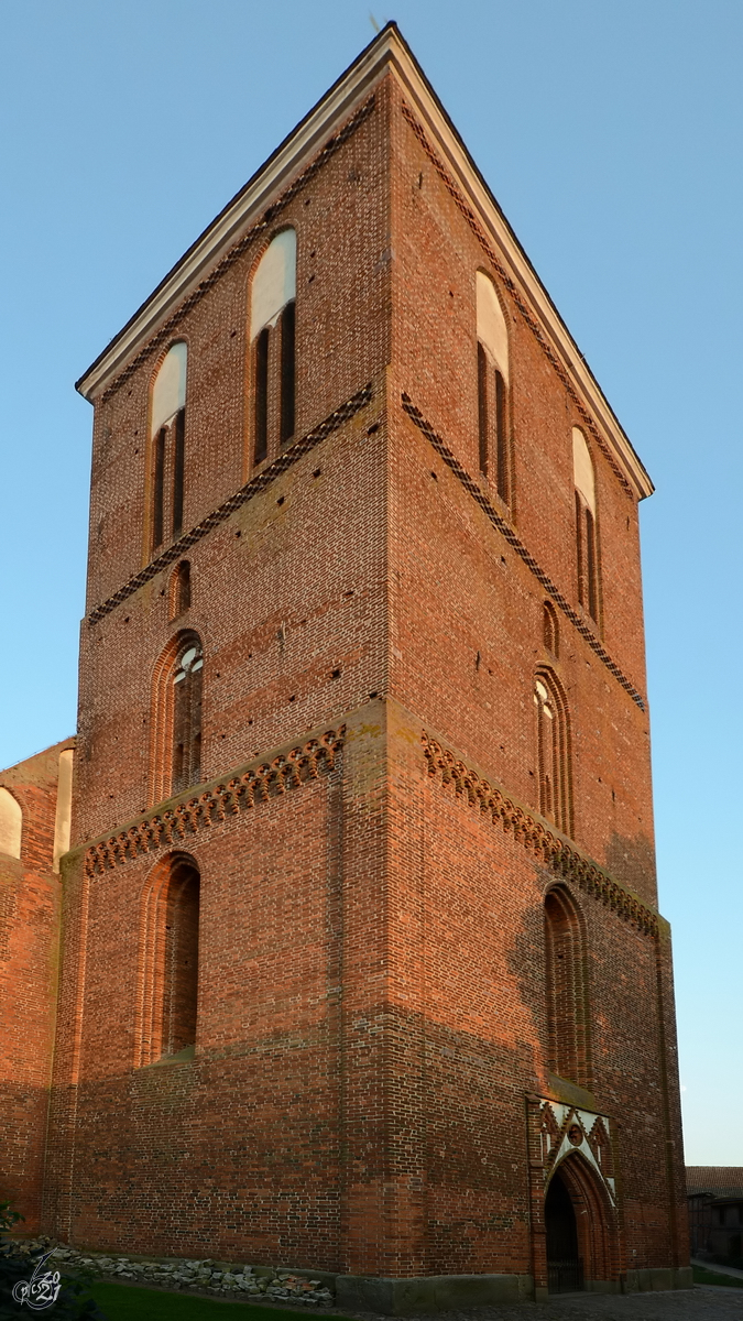 Blick auf den Turm der im Stil der Norddeutschen Backsteingotik erbauten dreischiffigen Pfarrkirche St. Petri in Altentreptow. (August 2013)