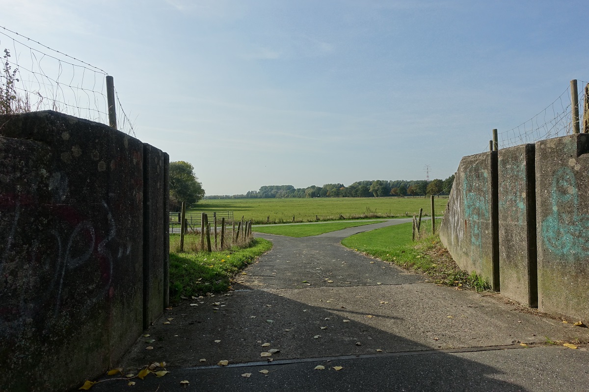 Blick aus dem Ort Hetlingen in die Haseldorfer Marsch am 15.10.2019: Durchfahrt am alten Winterdeich, hier wurden bis zur Fertigstellung des Landesschutzdeiches (Bauzeit 1945-1978) Bretter in die links und rechts in den Beton eingebrachten Schienen gesteckt, um den Deich zu schlieen /