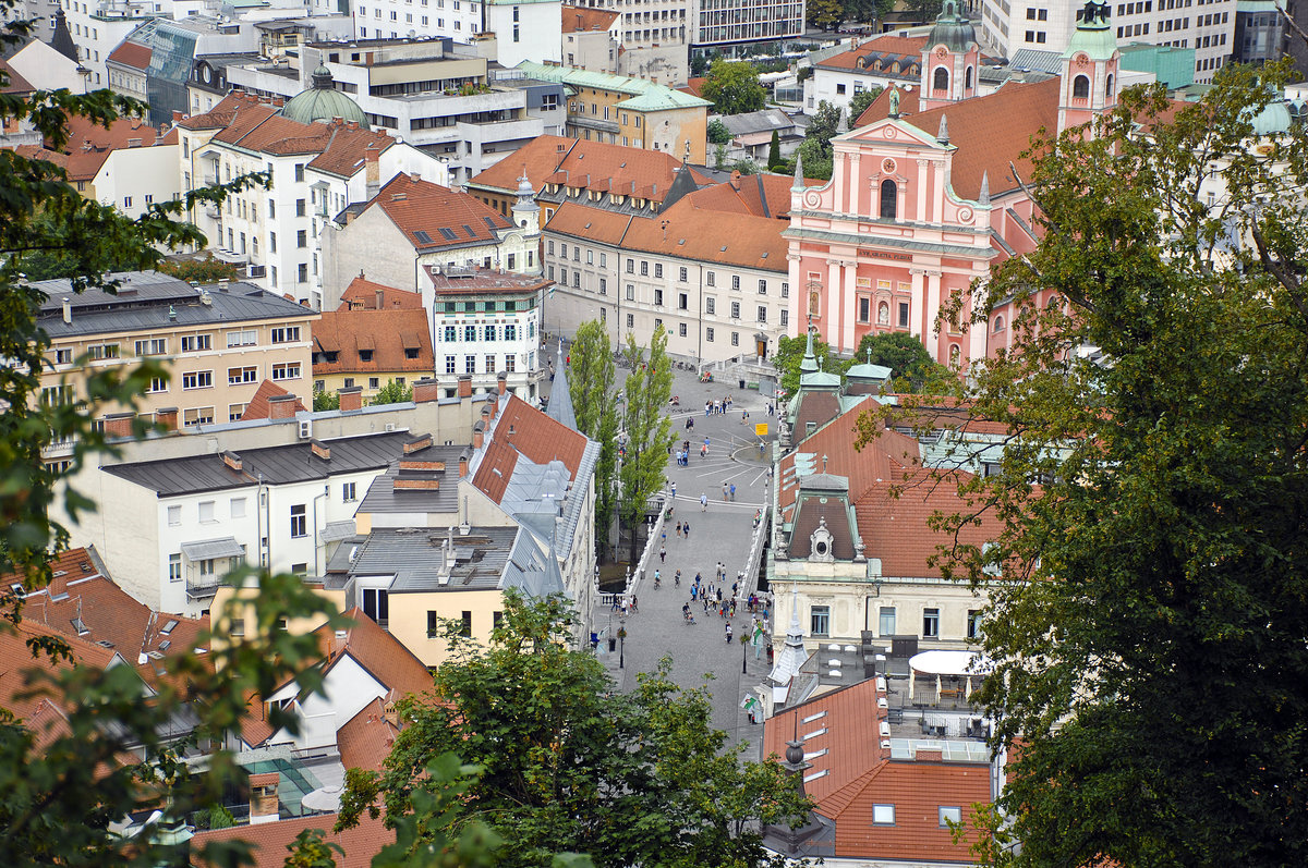 Blick von der Burg auf die Innenstadt von Ljubljana. Aufnahme: 1. August 2016.