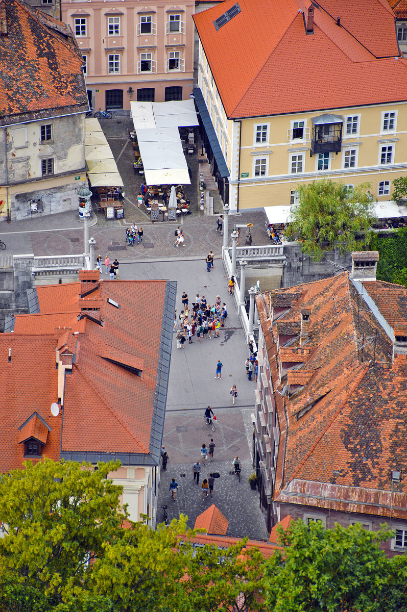 Blick von der Burg auf die Innenstadt von Ljubljana. Aufnahme: 1. August 2016.