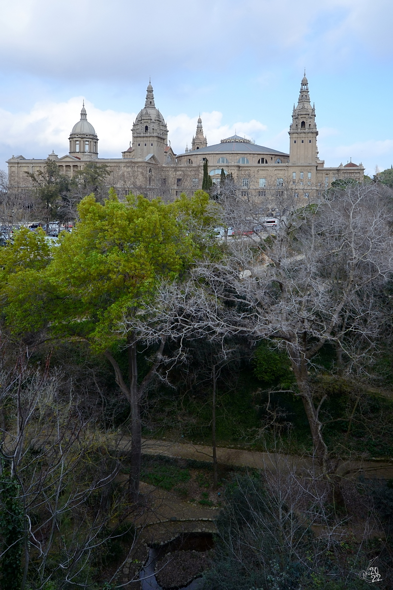 Blick durch´s  Gestrpp  auf den Palau Nacional, welcher von 1918 bis 1923 im Stil des akademischen Eklektizismus errichtet wurde und ist heute Sitz des Museu Nacional d’Art de Catalunya ist.  (Barcelona, Februar 2012)