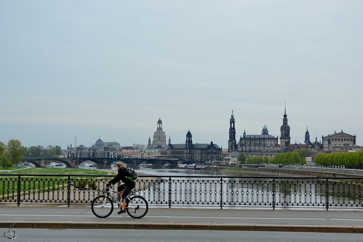 Blick von der Marienbrcke auf die Altstadt von Dresden. (April 2014)