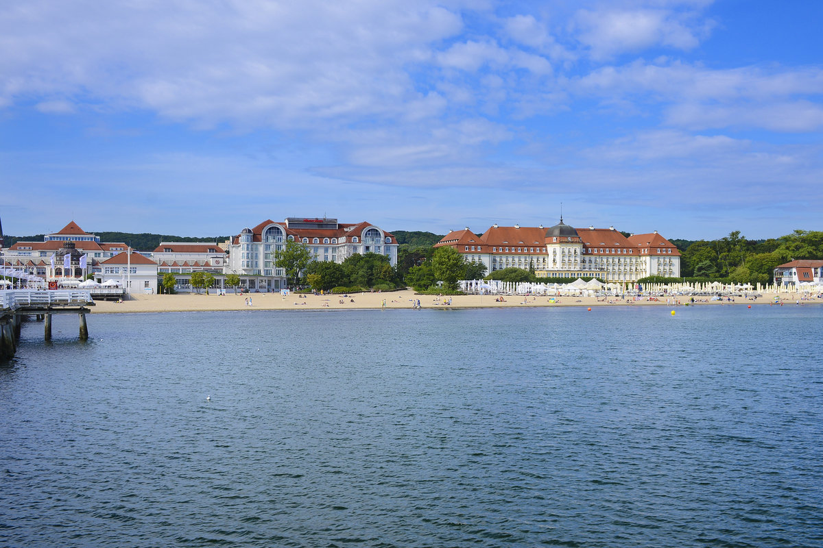 Blick von der Mole in Zoppot / Sopot aufs Kurhaus, Sheraton und Grand Hotel. Aufnahme: 15. August 2019.