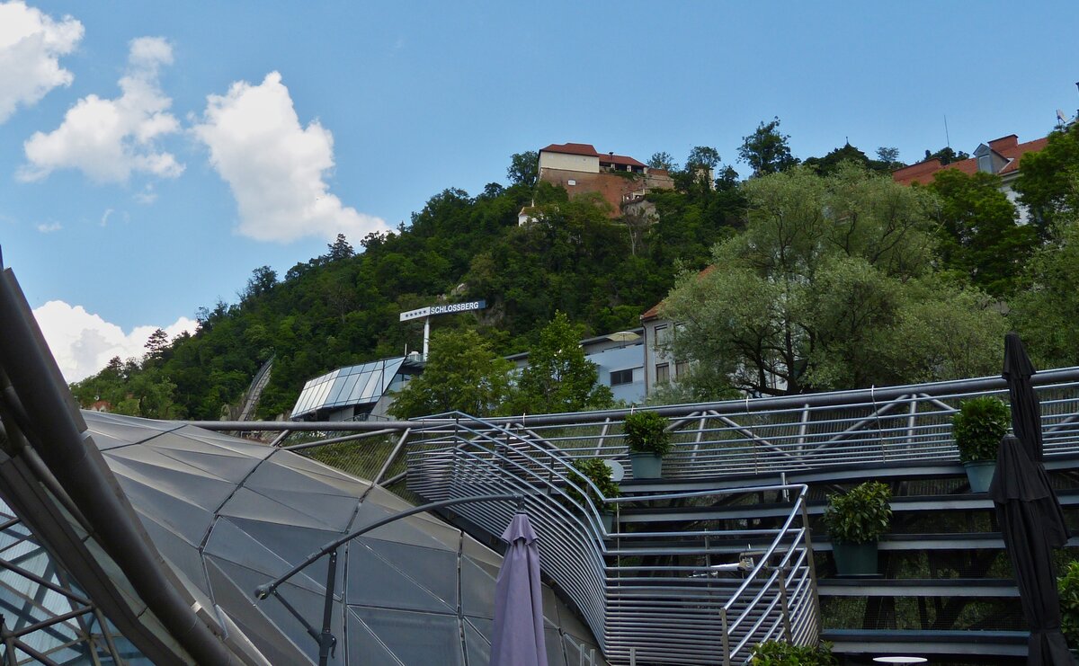 Blick von der Murinsel auf den Schlossberg in Graz. 02.06.2023 