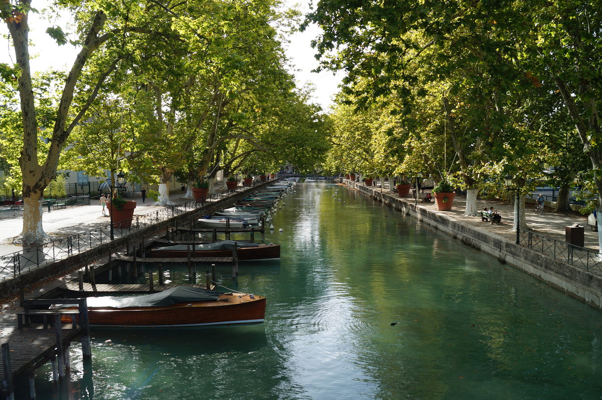 Blick von der Pont des Amours in Annecy Richtung Stadt. Baum fr Baum reihen sich die Platanen entlang des malerischen Canal du Vass. 12.09.2018.