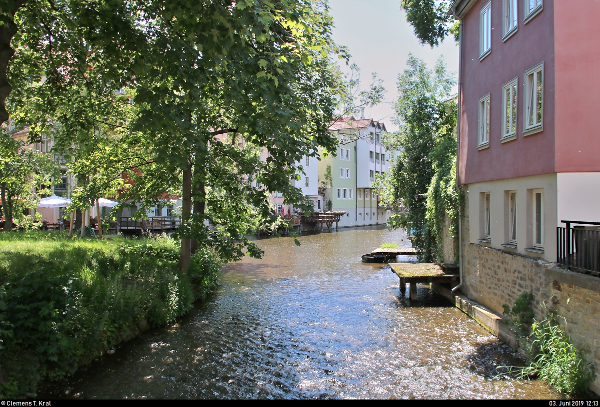 Blick von der Rathausbrcke (sdlich der Krmerbrcke) auf den Flusslauf der Gera in Erfurt.
[3.6.2019 | 12:13 Uhr]