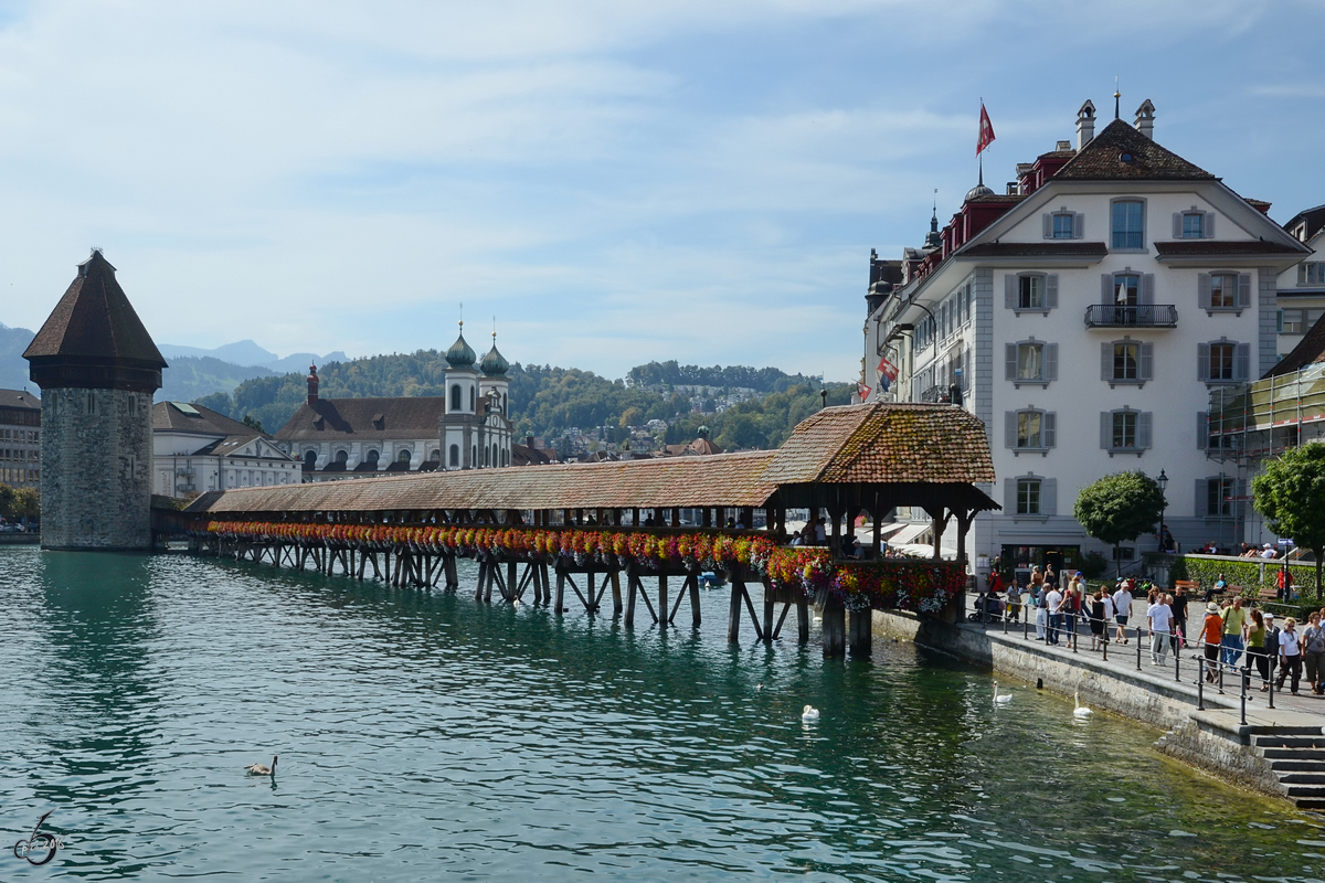 Blick ber den Fluss Reuss auf die Kapellbrcke und den Wasserturm in Luzern. (September 2011)