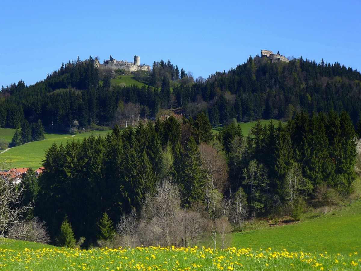 Blick von unten zu den Burgruinen im Ostallgu, Eisenberg (rechts) und Hohenfreyberg (links), April 2014