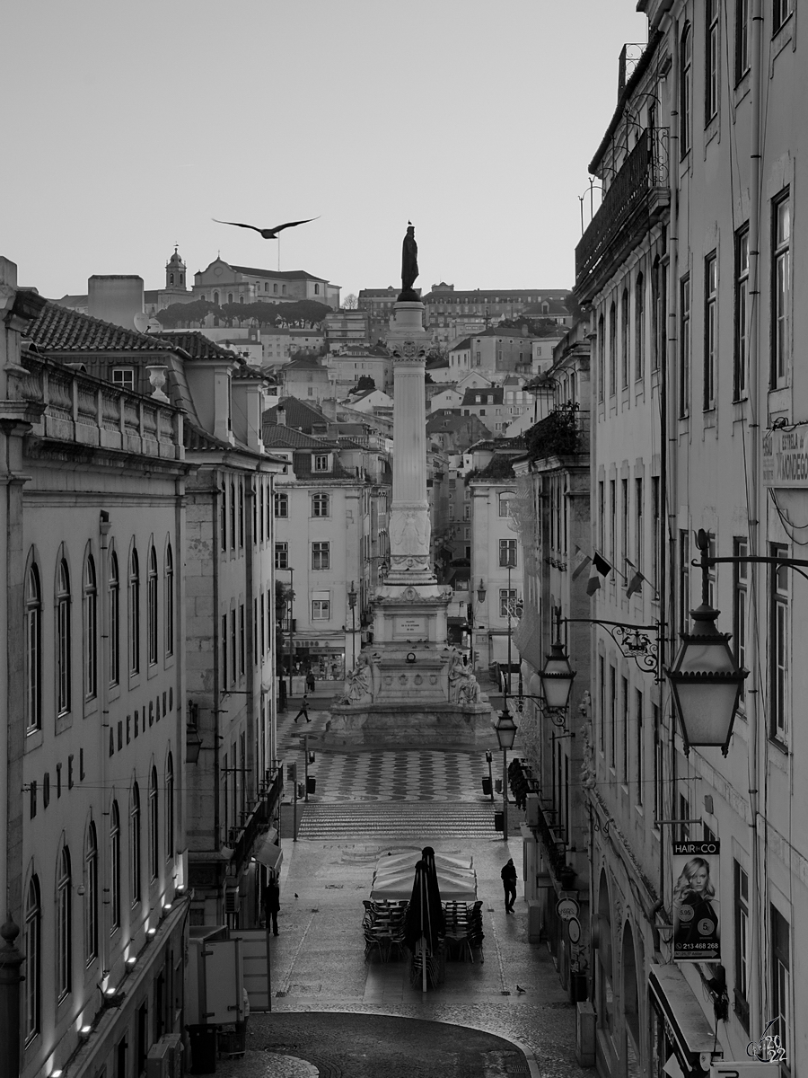 Blick  von oben  auf die Esttua do Rei Dom Pedro IV auf dem Rossio-Platz in Lissabon (Januar 2017)