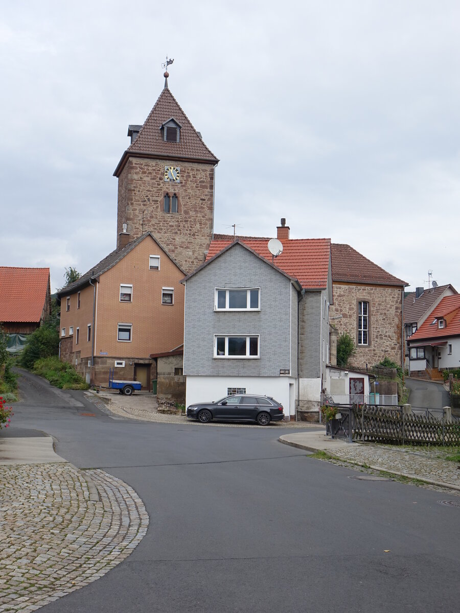 Blickershausen, evangelische Dorfkirche, gotischer Westturm, Kirchenschiff erbaut 1779 (31.08.2021)