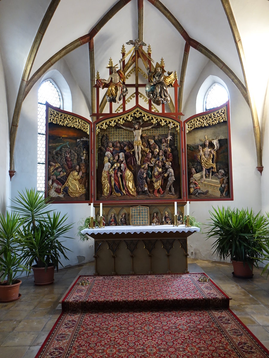 Bogen, gotischer Hochalter in der Pfarrkirche St. Florian, Chor mit Netzrippengewlbe (14.11.2016)
