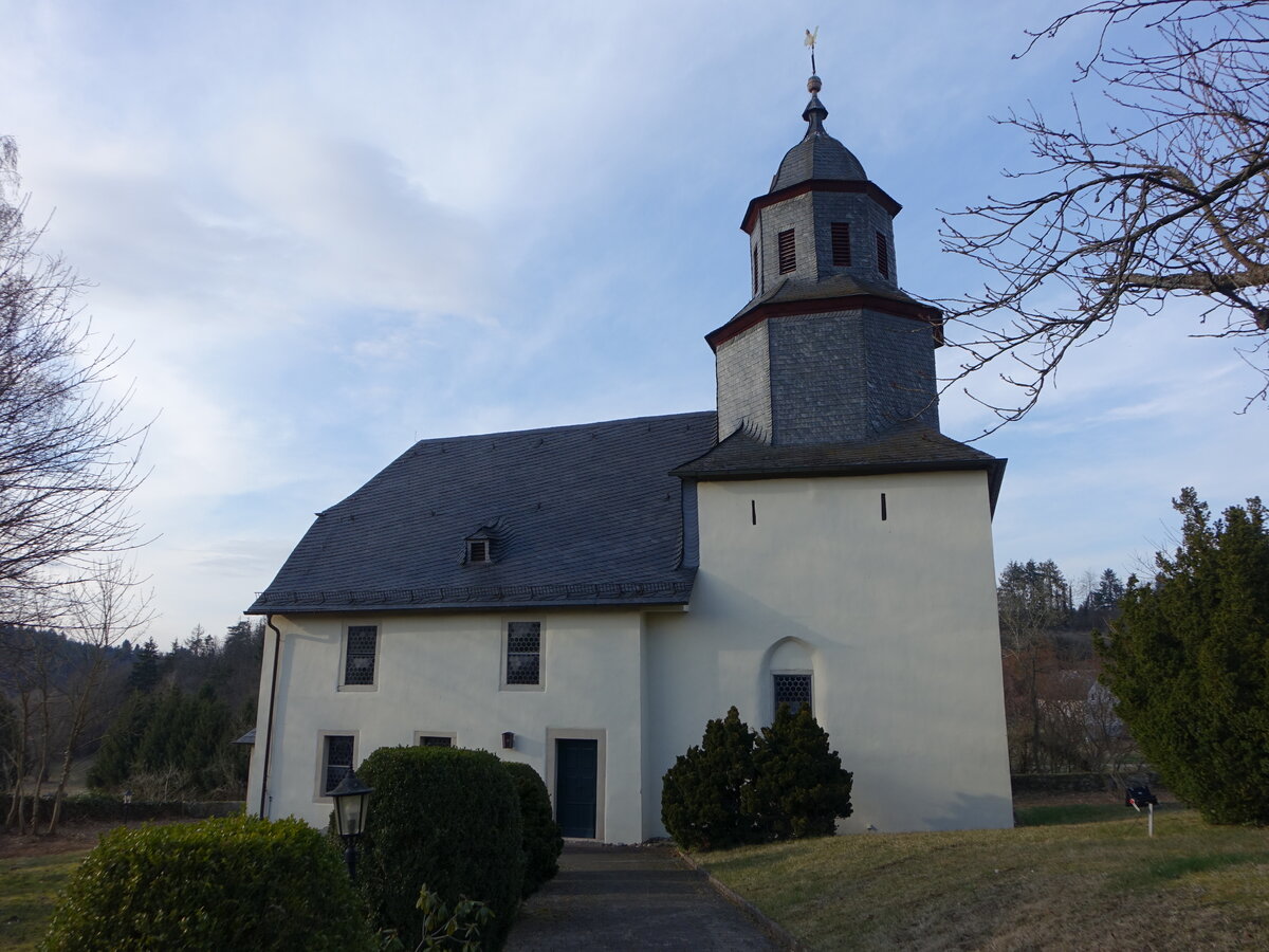Bonbaden, evangelische Kirche, Wehrkirche mit sptromanischen Chorturm, erbaut im 11. Jahrhundert, Kirchenschiff 17. Jahrhundert (12.03.2022)