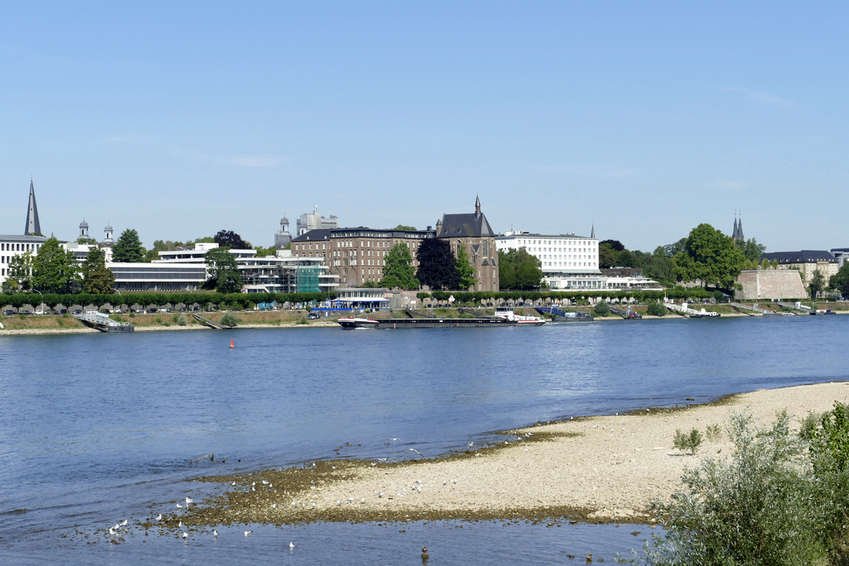 Bonn Rheinufer von links nach rechts; Universitts- und Landesbibliothek, Collegium Albertinum, Hotel Knigshof (wei), Am alten Zoll - 23.07.2019