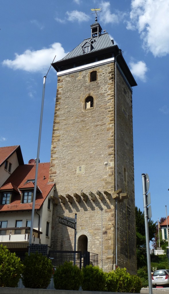 Bretten im Kreichgau, der 40m hohe Pfeifenturm, 1460 erbaut als Teil der Stadtbefestigung, April 2014