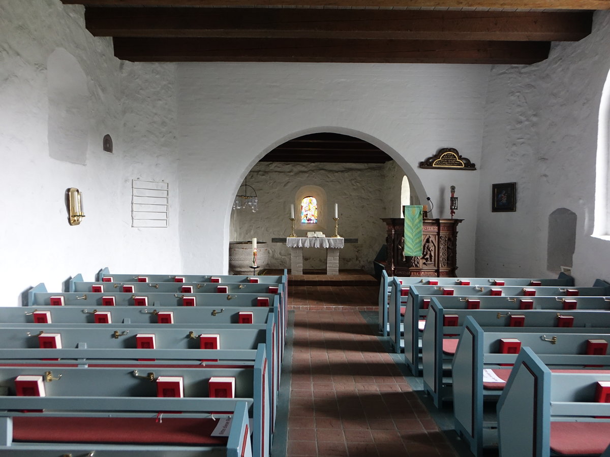 Brodersby, Innenraum der evangelischen St. Andreas Kirche, barocke Kanzel von 1726 (25.09.2020)