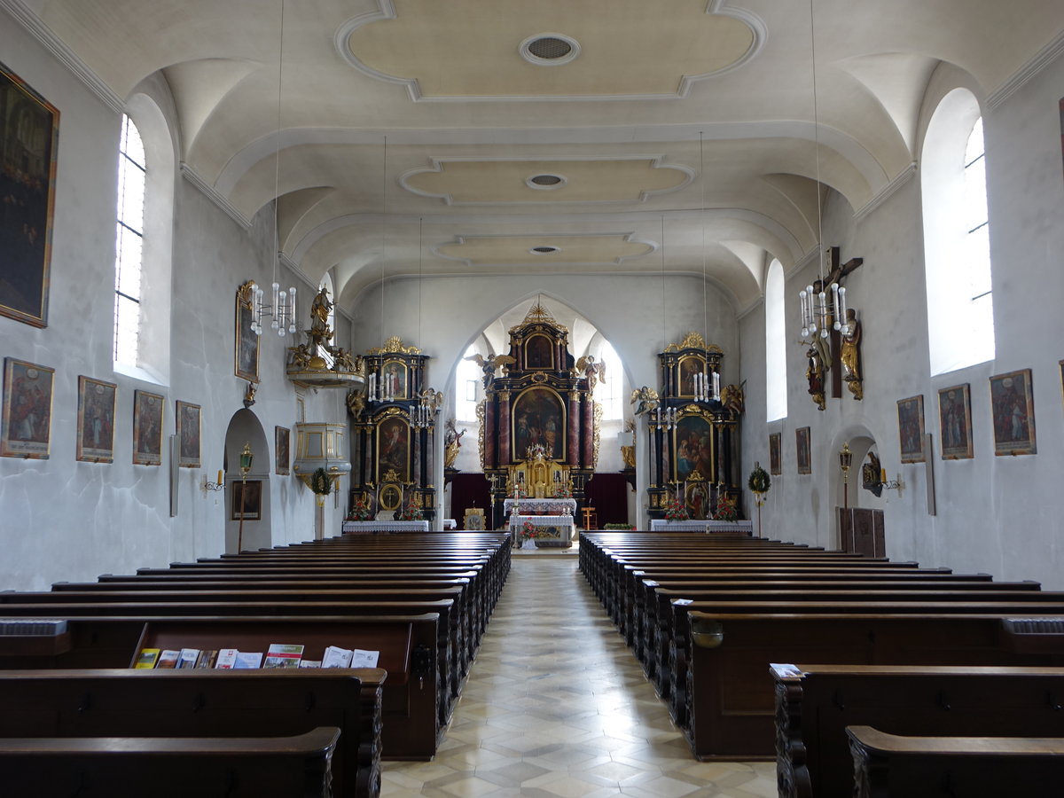 Bruck, Innenraum der katholische Pfarrkirche Sankt gidius , flachgedeckte Saalkirche, erbaut von 1632 bis 1669 (03.06.2017)